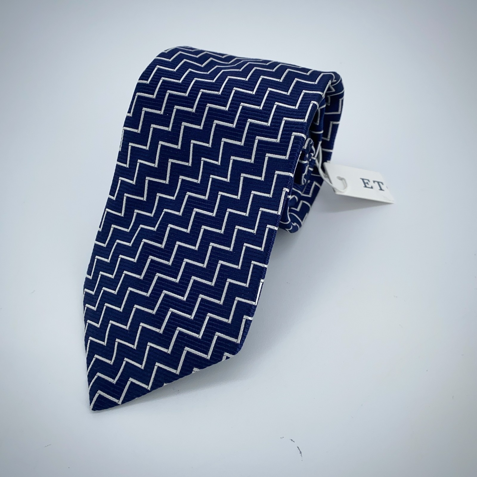 Eton Tie Men One Size Navy Blue Chevron Silk Classic Fit Necktie Italy Made